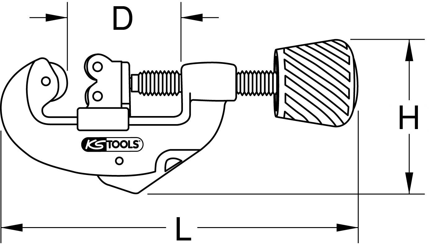 Technische Zeichnung eines Rohrschneiders mit Maßangaben D, H und L, sowie 'KS Tools'-Logo. Schneidkopf und Drehgriff sind hervorgehoben.