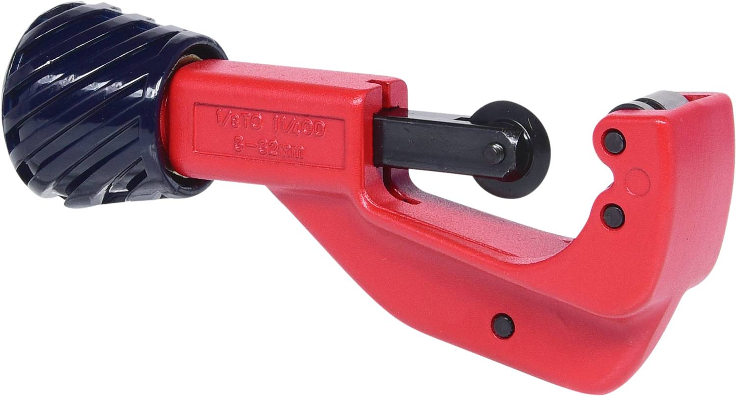 Rohrschneider aus Metall in Rot und Schwarz, mit einem scharfen Rad zum präzisen Durchschneiden von Rohren.