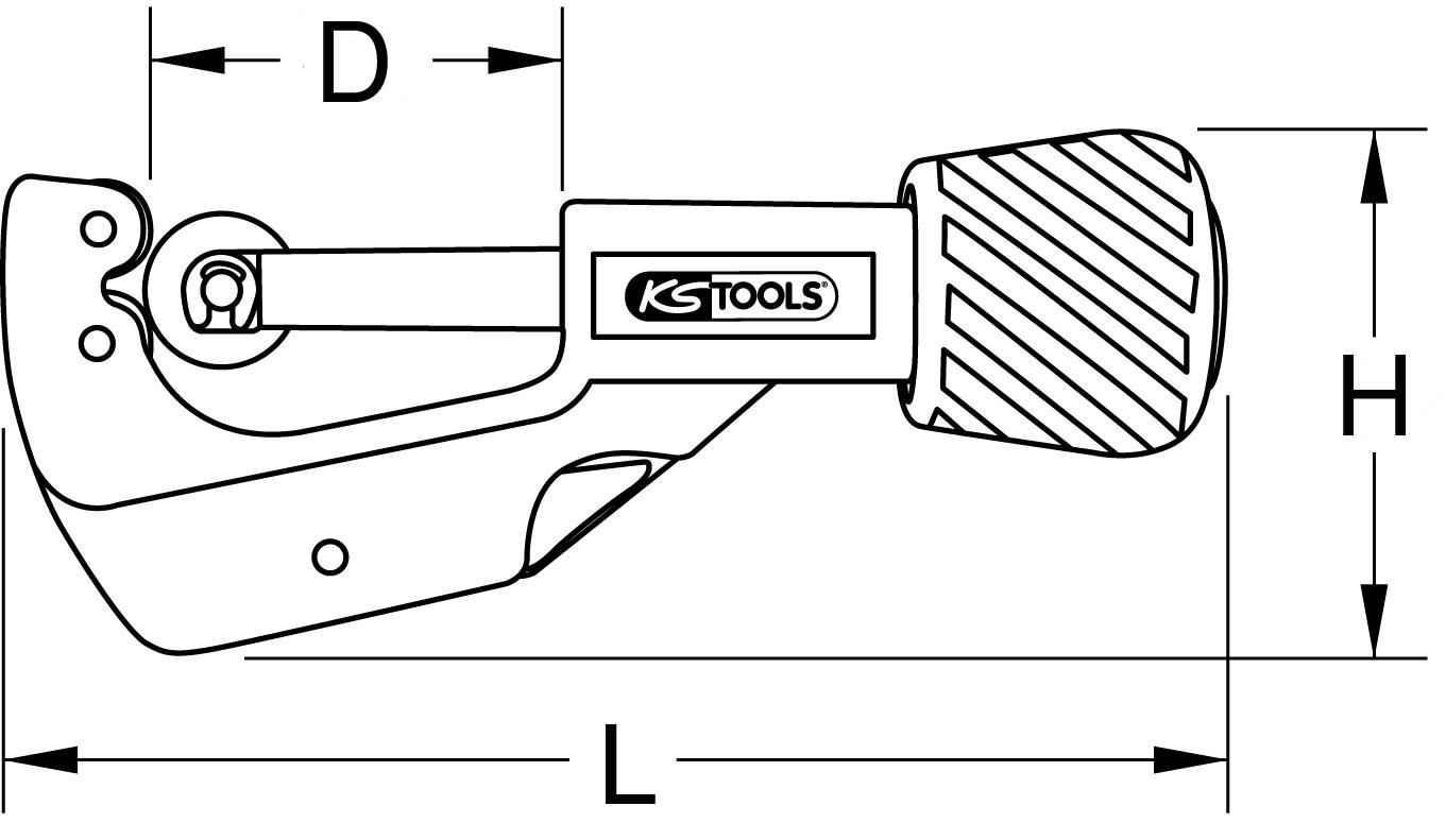 Rohrschneider mit Griff; markiert mit KS TOOLS-Logo; Maßangaben: H für Höhe, L für Länge, D für Durchmesser.