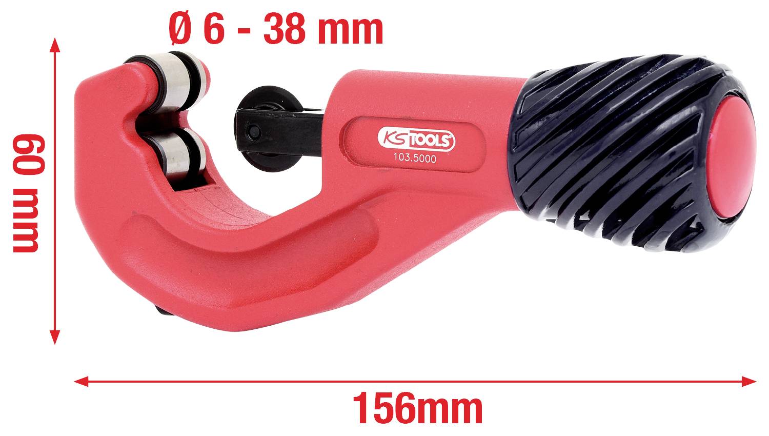 Rohrschneider in Rot und Schwarz von KS Tools, geeignet für Rohrdurchmesser von 6 bis 38 mm, Gesamtlänge 156 mm, Höhe 60 mm.