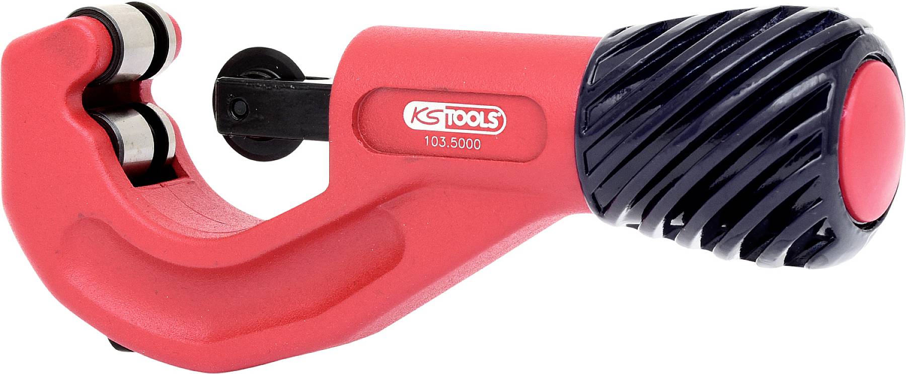 Rotes Rohrschneidewerkzeug mit schwarzem, gerilltem Griff, verwendet zum präzisen Schneiden von Rohren; Marke 'KS Tools', Modellnummer 103.5000.
