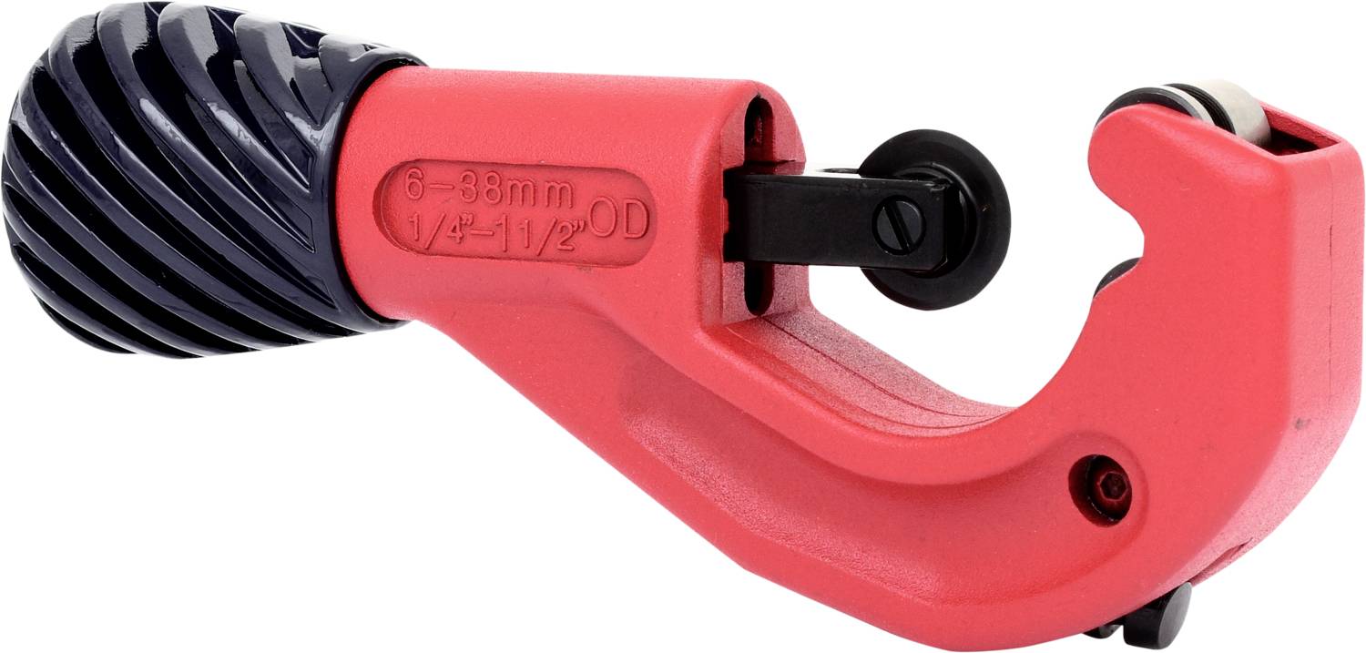 Rohrschneider aus rotem Kunststoff und schwarzem Griff, geeignet für Durchmesser von 6 bis 35 mm; Werkzeug zur Präzisionsrohrbearbeitung.