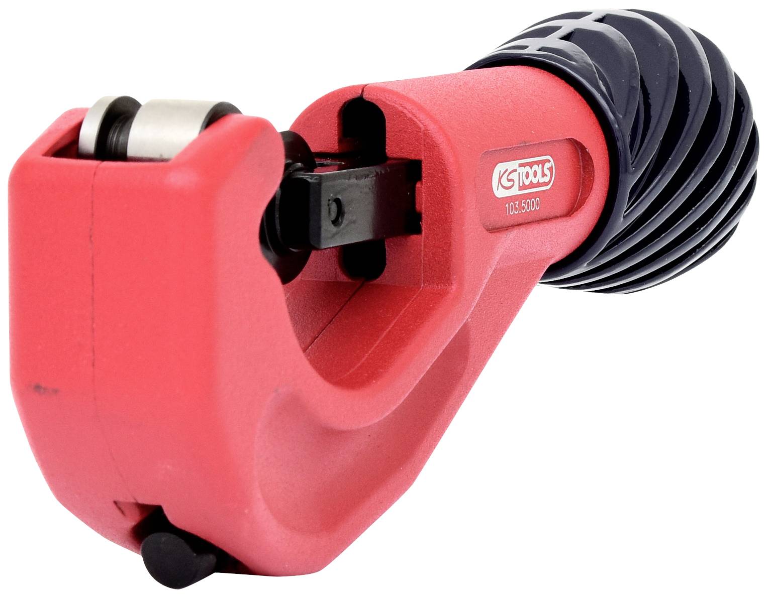 Rotes Rohrschneidewerkzeug mit schwarzem Griff, geeignet zum Schneiden von Metallrohren, Markenname sichtbar an der Seite.