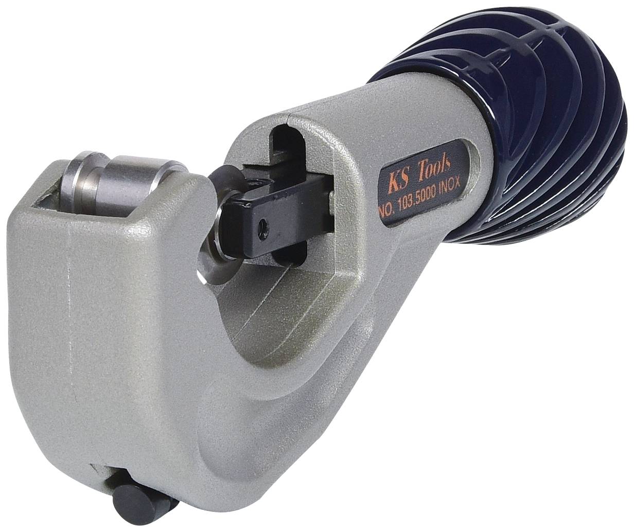 Ein Rohrschneider aus Metall mit einem ergonomischen Griff, geeignet zum Schneiden von Metallrohren. Markenaufdruck: 'KS Tools'.