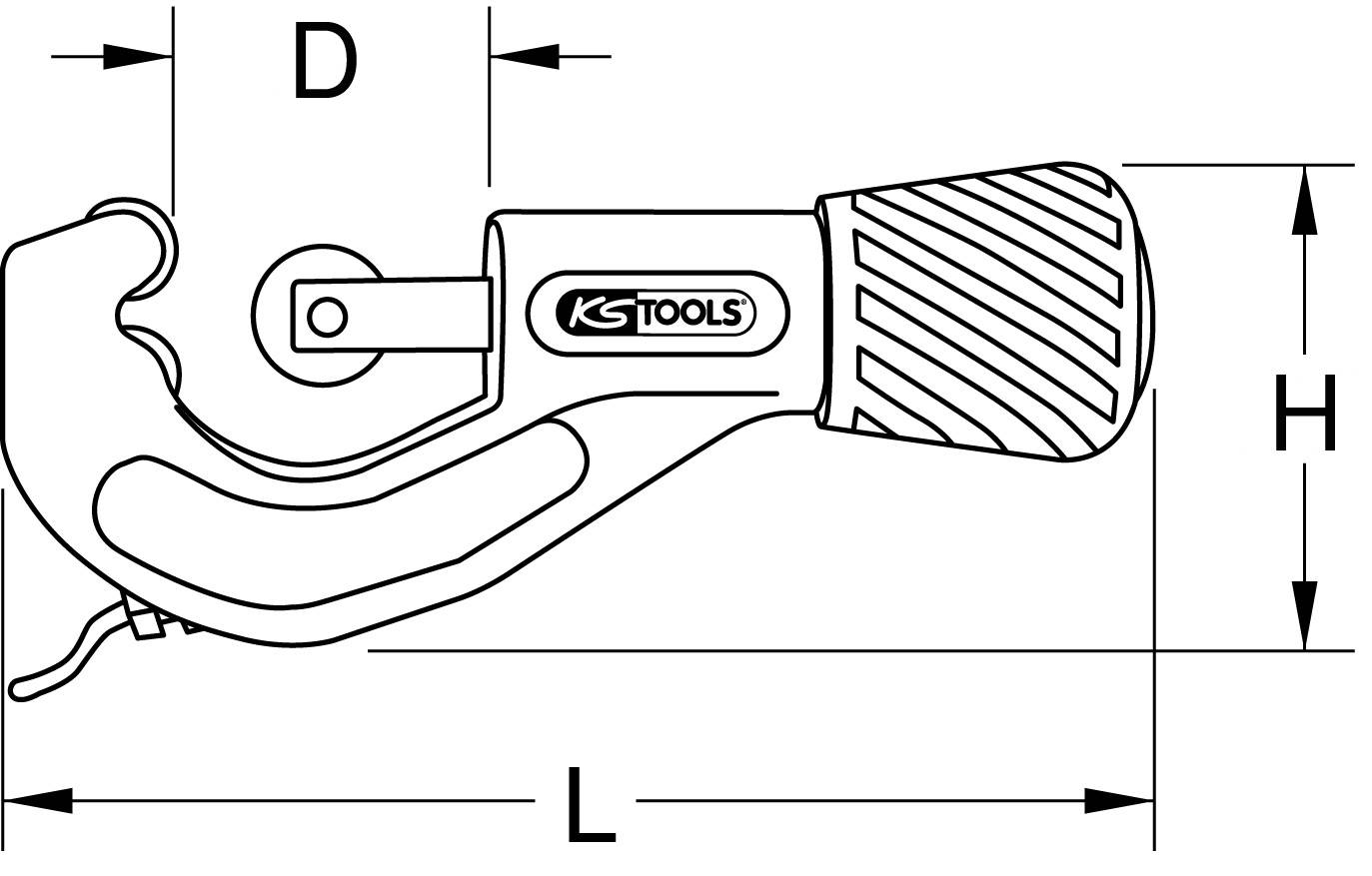 Zeichnung eines Rohrschneiders mit Markierungen der Maße: 'D', 'H' und 'L'. Griff ist geriffelt, Marke 'KS Tools' sichtbar.