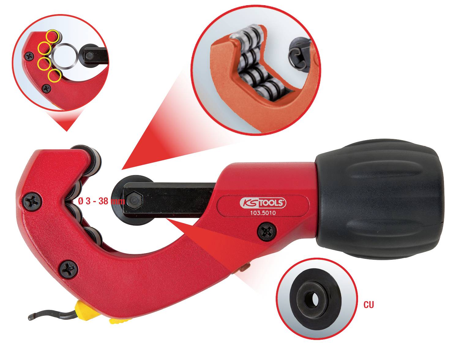 Rohrschneider mit verstellbarer Schneidevorrichtung, geeignet für Durchmesser von 3 bis 38 mm, speziell für Kupferrohre (Cu).