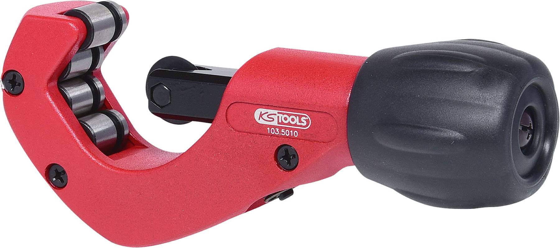 Ein roter Rohrschneider mit schwarzem Griff. Er ist zum Schneiden von Rohren bestimmt und trägt das Logo 'KS Tools' auf der Seite.