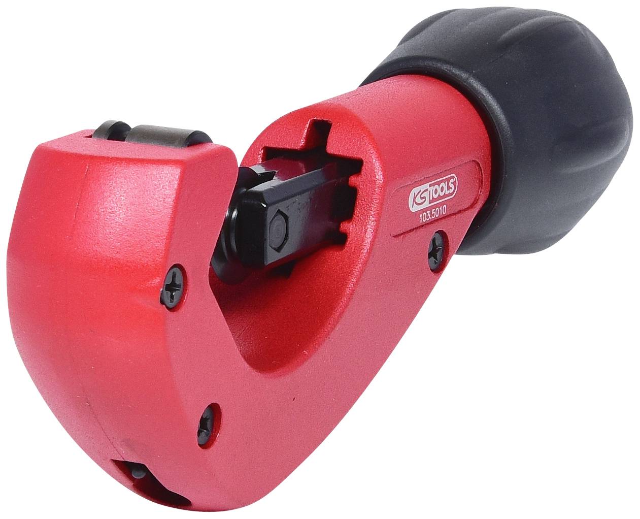 Rotes Rohrschneidewerkzeug mit schwarzem Griff, verwendet zum Schneiden von Metallrohren.