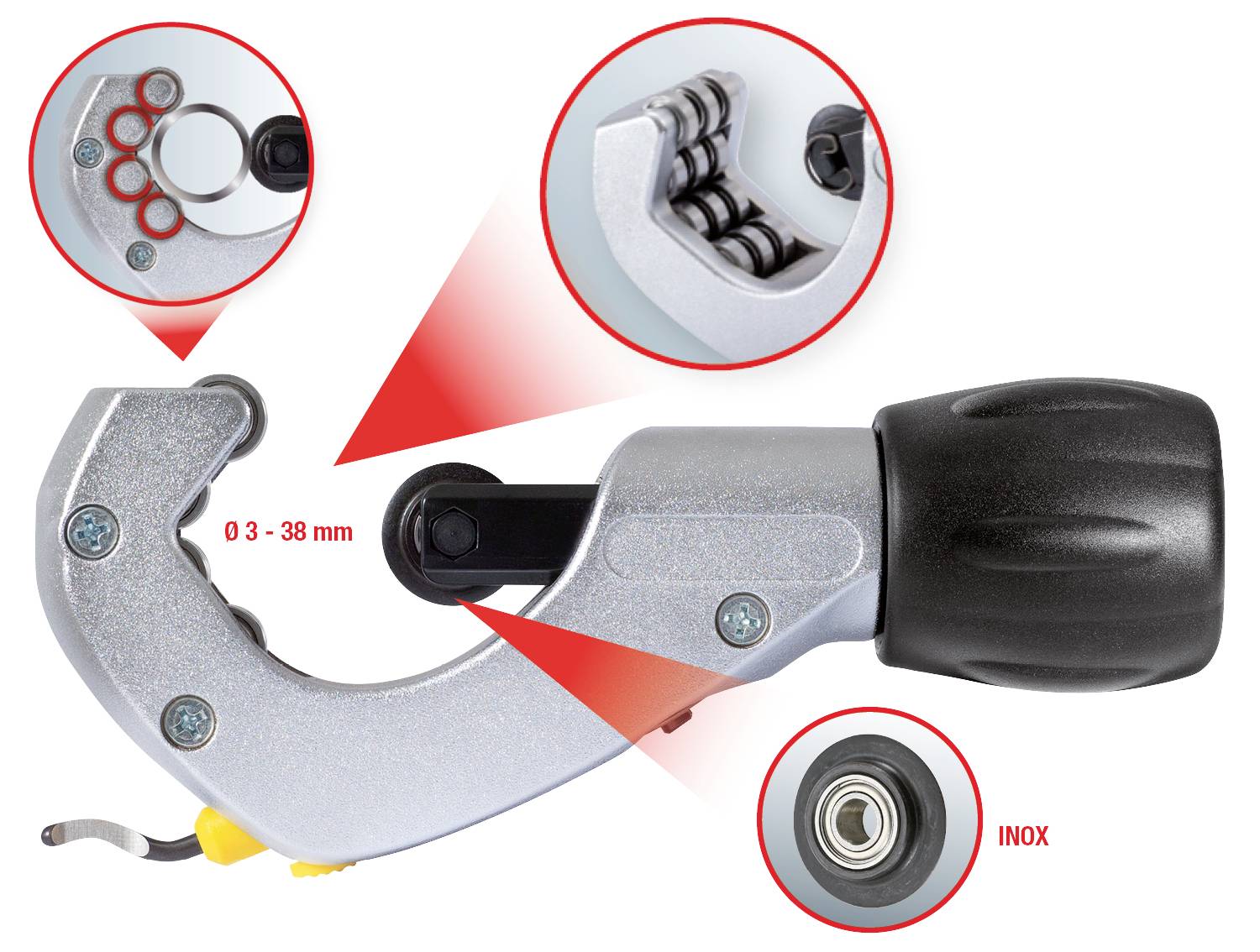 Rohrschneider mit rotem Markierungspfeil zeigt auf Schneidbereich (0-38 mm) und Lager mit Aufschrift 'INOX'. Vergrößerte Details dargestellt.