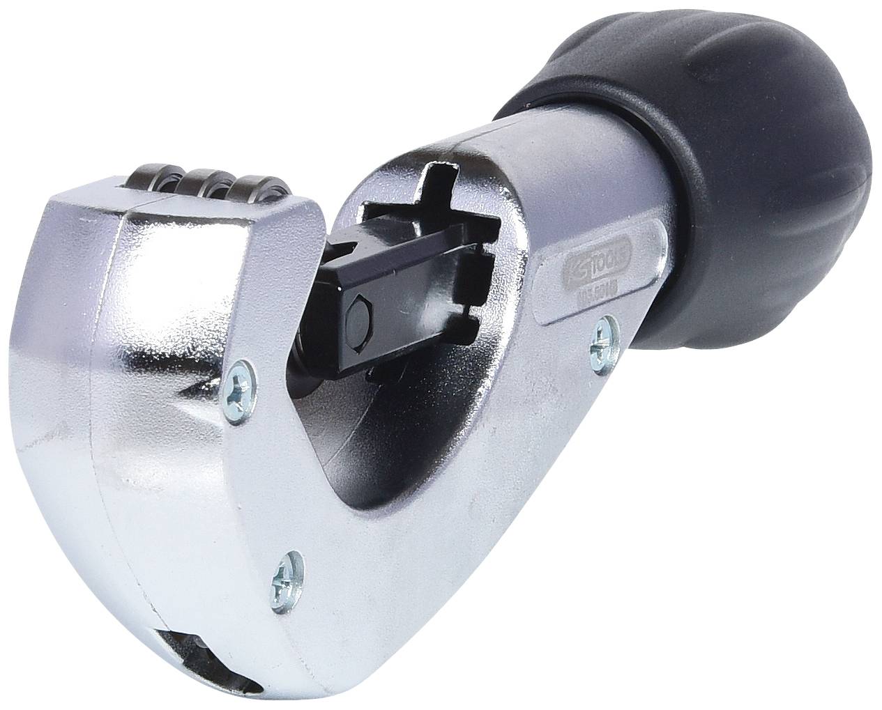 Metallschneider mit schwarzem Griff und silbernem Schneidkopf. Verwendet, um Rohre präzise zu schneiden. Geeignet für Handwerker und Heimwerker.