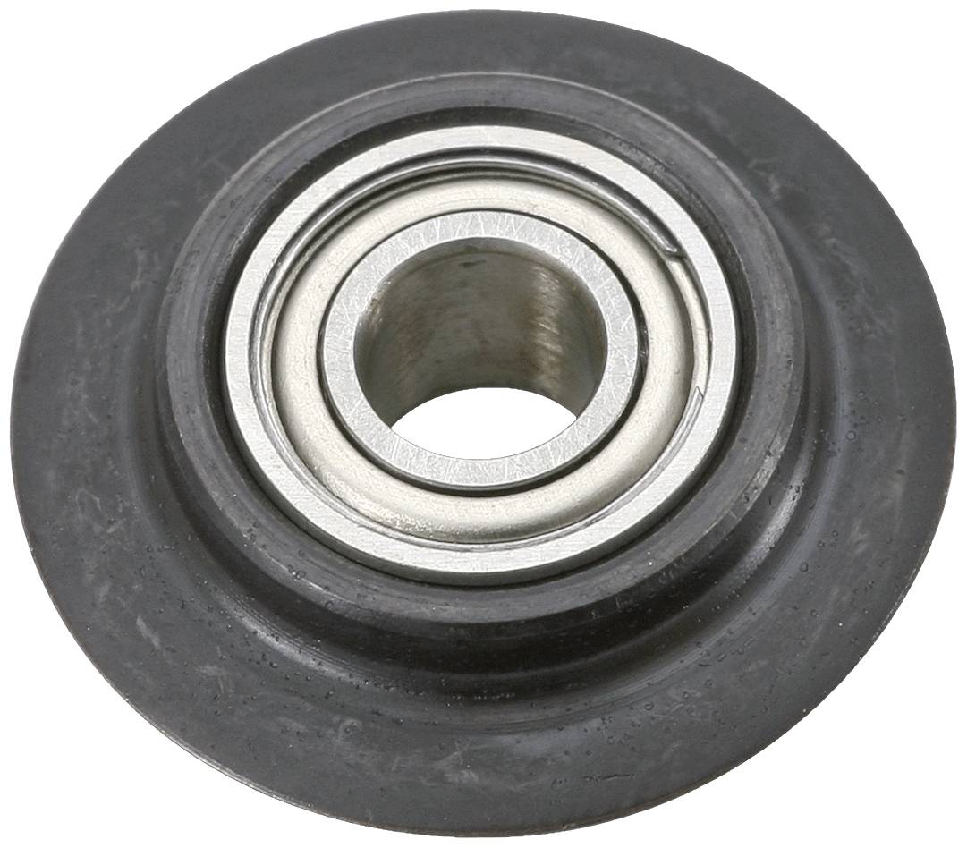 Metallisches Kugellager mit schwarzem äußeren Ring, zentralem Loch und glänzender, silberner Oberfläche.