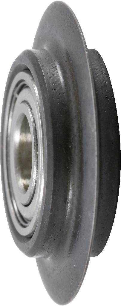 Ein einzelnes Kugellager mit einer schwarzen Scheibe und silbernem inneren Ring. Es ist aufrecht und zeigt die Kanten des Lagers.