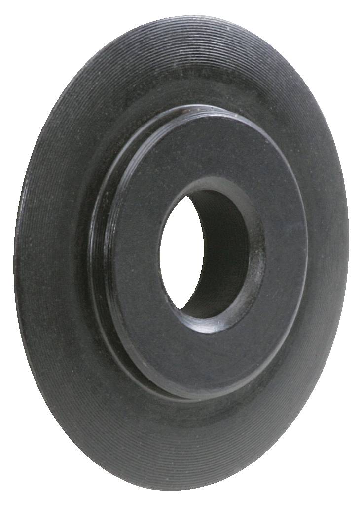 Schwarze, runde Metallscheibe mit zentralem Loch und geriffeltem Rand, möglicherweise ein Maschinenteil oder Lager.