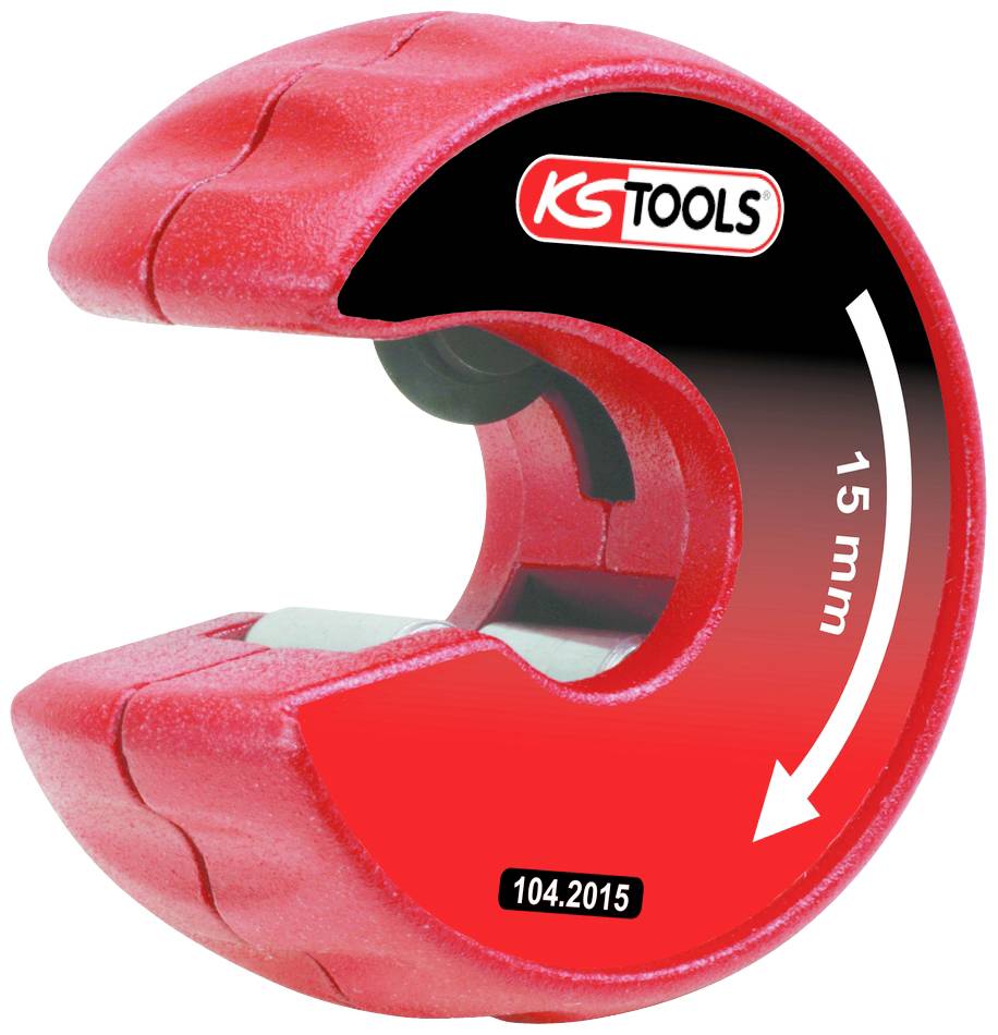 Rotes Rohrschneidewerkzeug mit schwarzem Logo von KS Tools, geeignet für 15 mm Rohre.