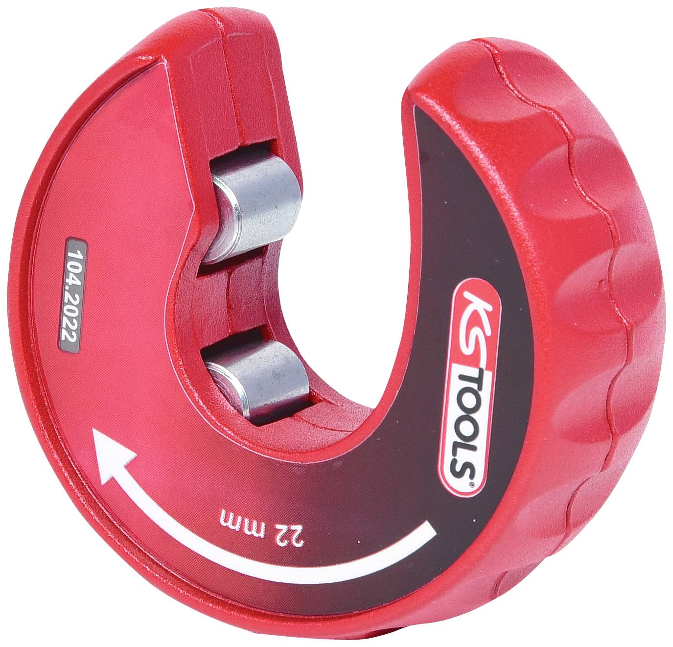 Rotes Rundschneider-Werkzeug mit dem Aufdruck '22 mm' zur Durchmesserangabe und einer richtungsweisenden Pfeilgrafik.