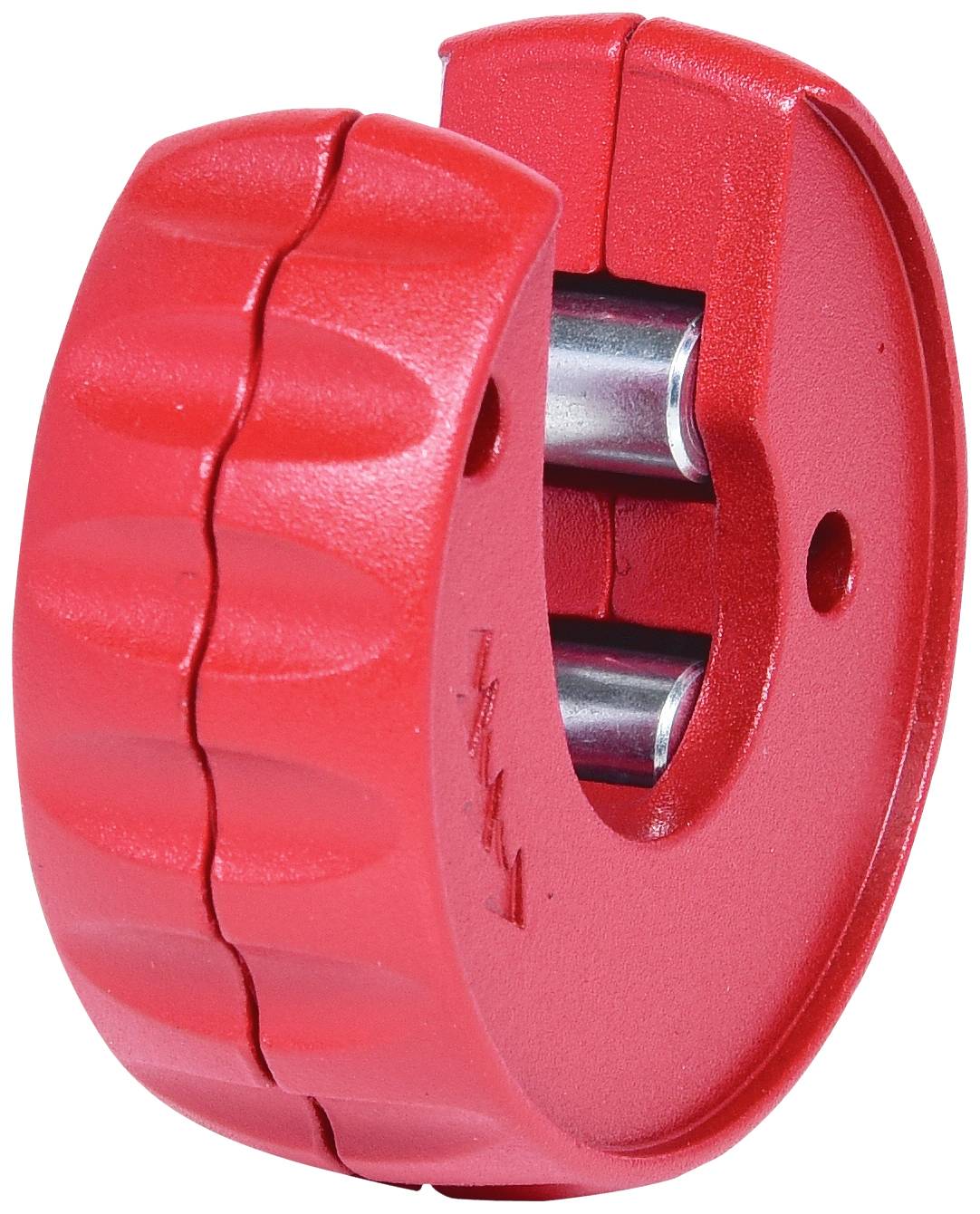 Rotes Rohrabschneider-Werkzeug mit geripptem Griff, geeignet für präzisen Schnitt von Metallrohren.