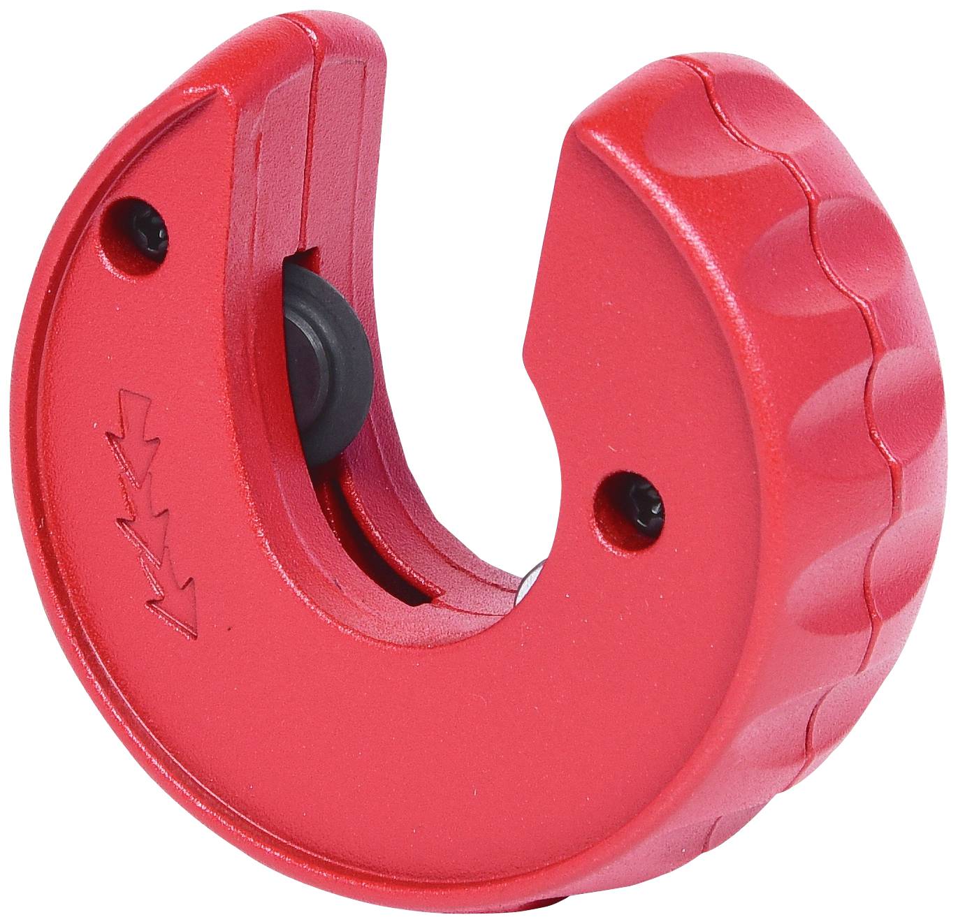 Rotes Rohrschneidewerkzeug mit kreisförmigem Griff und schwarzer Klinge, geeignet zum Schneiden von Rohren aus verschiedenen Materialien.