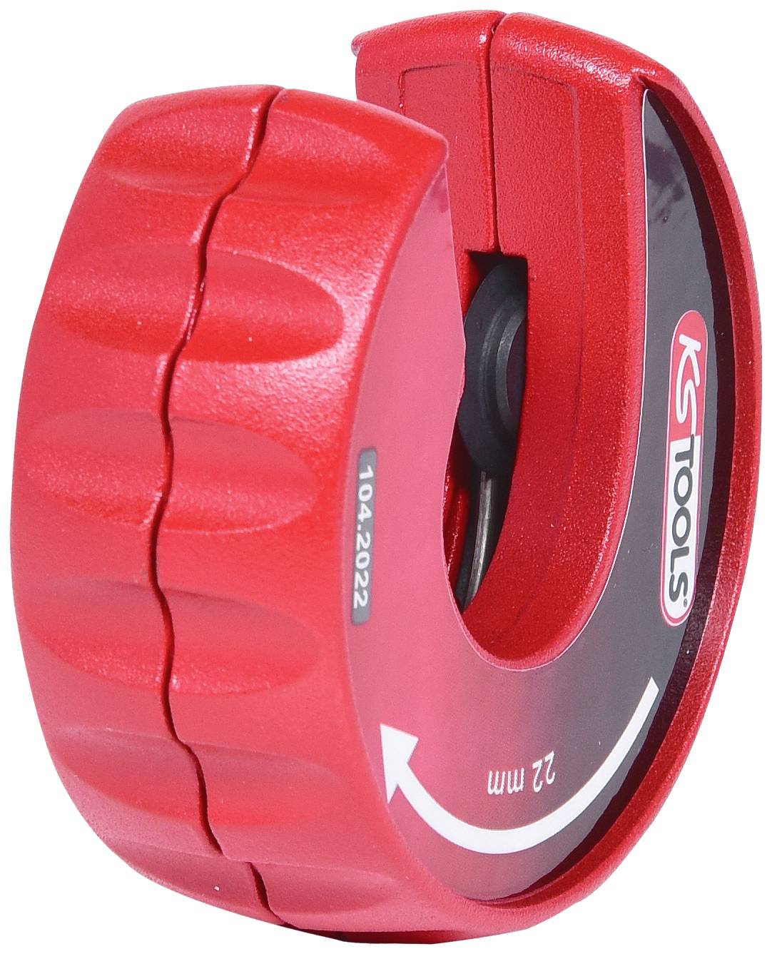 Rotes Schneidrad-Werkzeug zum Schneiden von Kunststoffrohren. Zeigt Maßskala und Markierung '22 mm'. Geeignet für präzise Schnitte.
