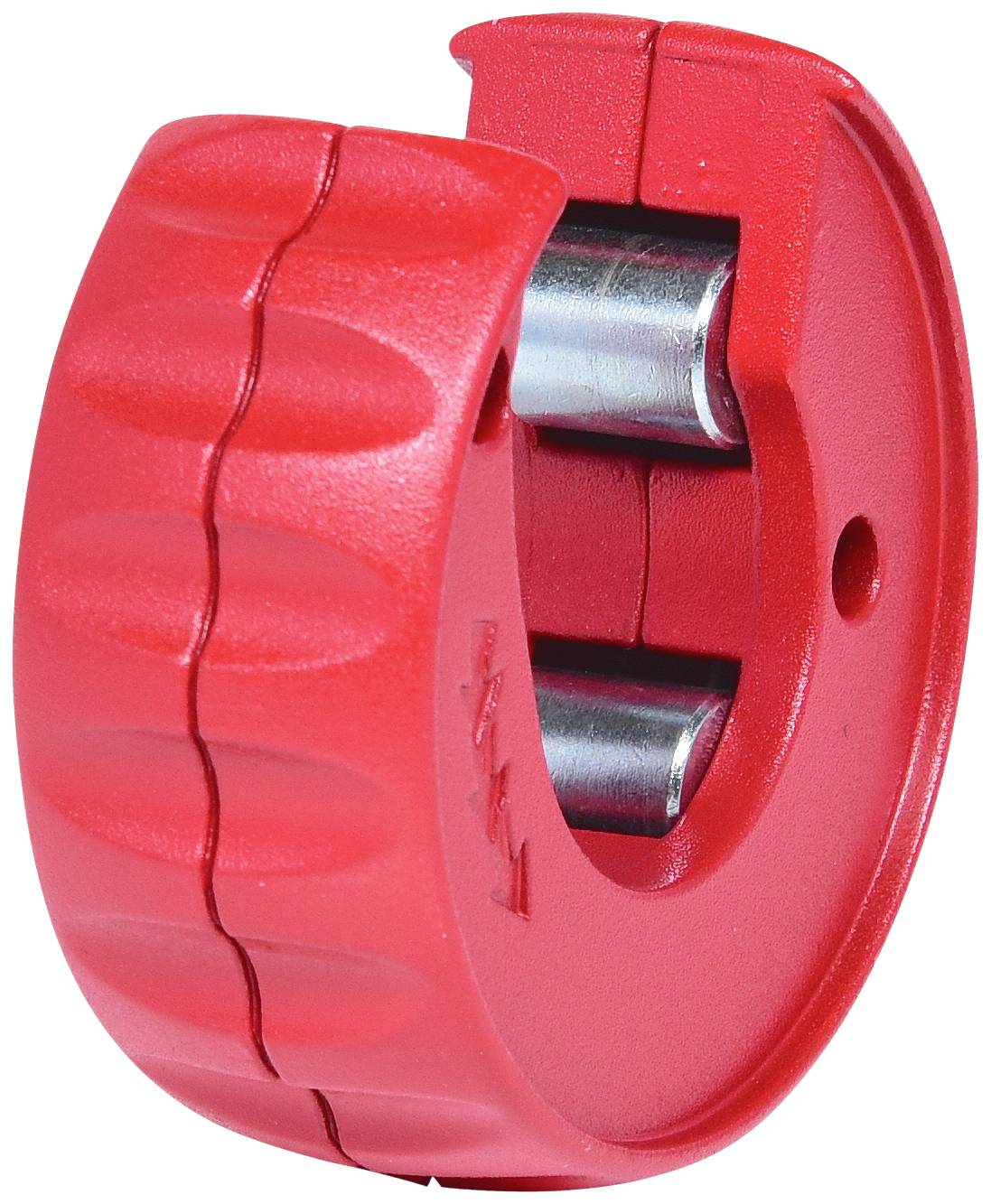 Roter Rohrschneider mit zwei integrierten Schneidrollen, geeignet zum präzisen Schneiden von Rohren.