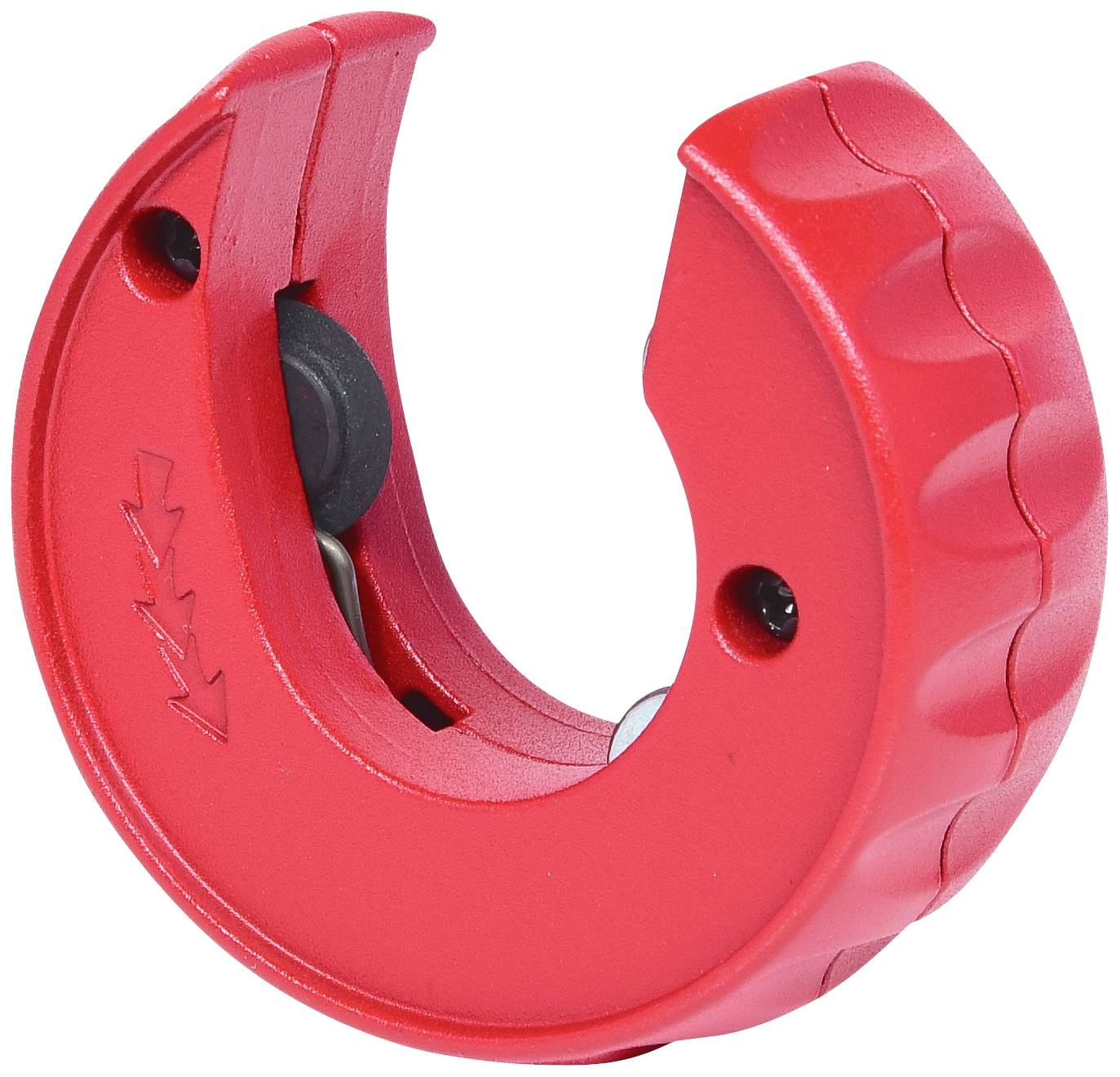 Rotes Rohrschneidewerkzeug mit gebogenem Griff und integriertem Schneiderad, geeignet zum Trennen von Kupferrohren.