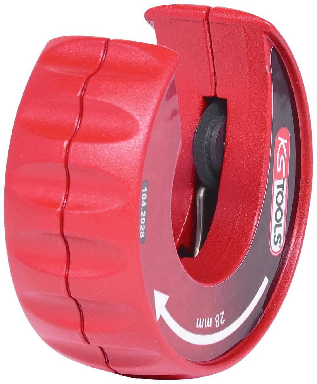 Rotes Rohrschneidwerkzeug mit geriffeltem Griff und Klinge für 28 mm Rohre, geeignet für präzise und saubere Schnitte.
