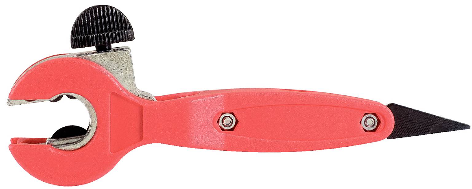 Rotes Multifunktionswerkzeug mit einem Schneider und einem Rohrschneider, geeignet für Heimwerkerarbeiten.