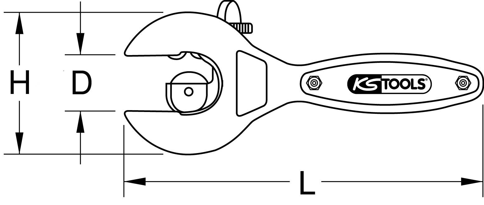 Eine verstellbare Schraubenschlüsselzeichnung mit markierten Maßen: H (Höhe), D (Breite), L (Länge). KS Tools-Logo am Griff.