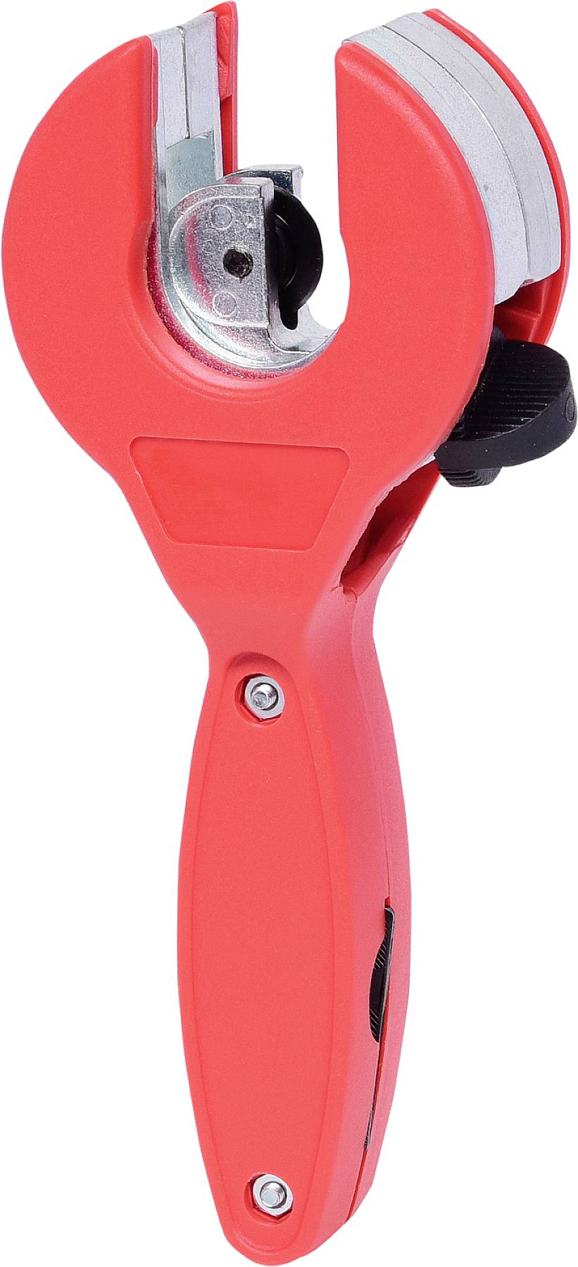 Ein roter Rohrschneider mit einem drehbaren Griff und scharfen Klingen, ideal zum Schneiden von Kupfer- oder Kunststoffrohren.