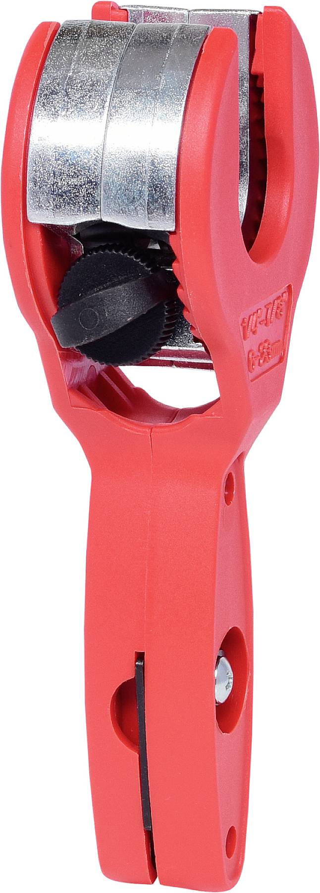 Ein roter Rohrabschneider mit Metallklingen, geeignet zum Schneiden von Rohren. Der Griff ist ergonomisch geformt für einfaches Handling.