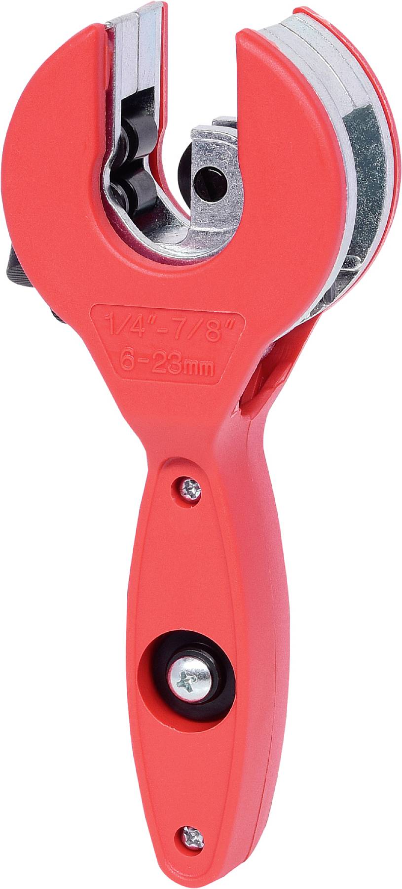 Rotes, handliches Rohrschneidewerkzeug mit ergonomischen Griffen und Klingen vorne, geeignet für Rohre mit einem Durchmesser von 6-25 mm.