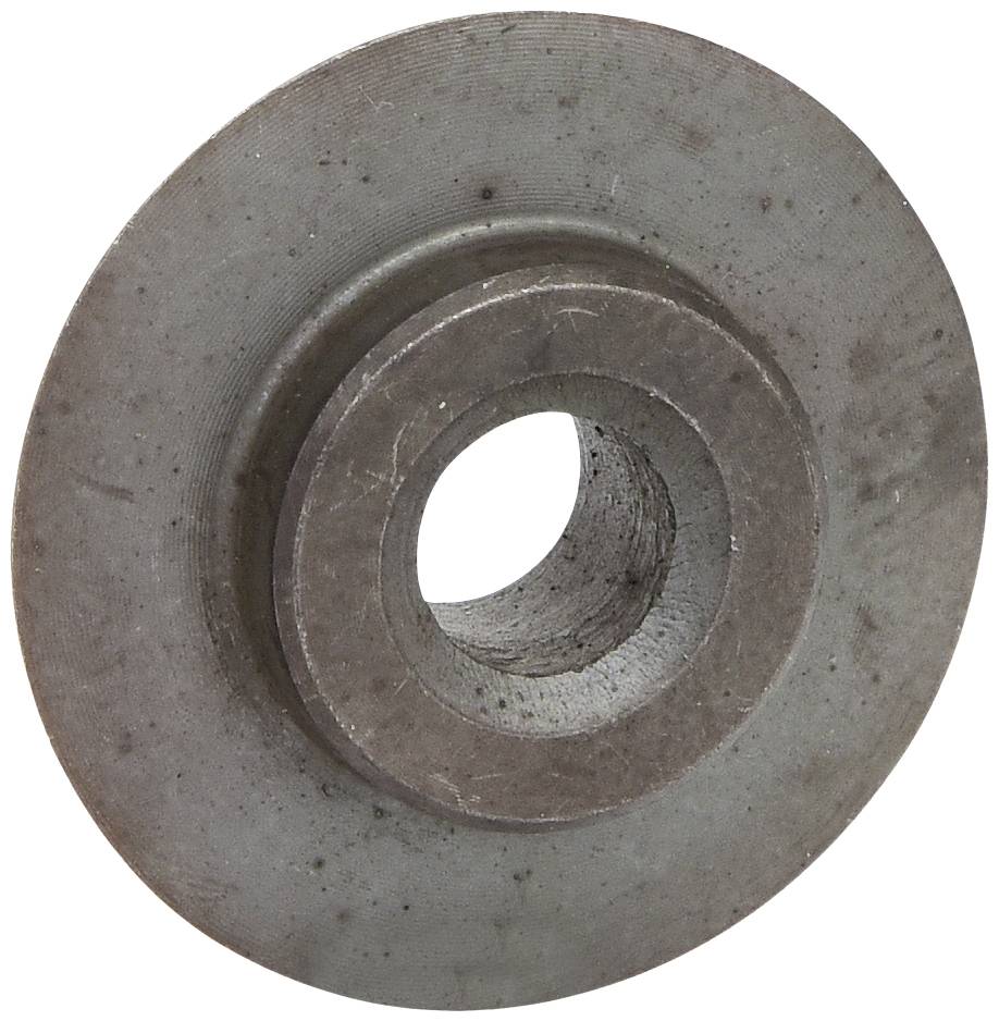 Ein graues, metallisches Rad mit zentraler Bohrung, möglicherweise ein Maschinenteil oder Werkzeugzubehör.