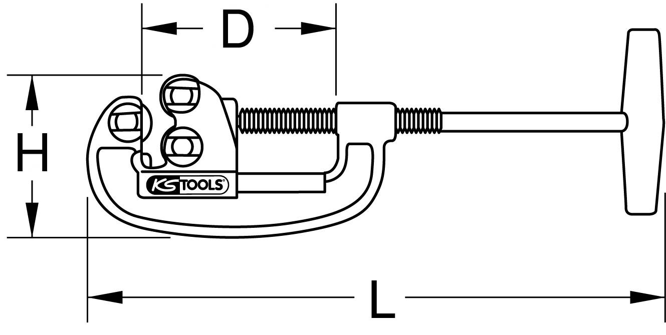 Technische Zeichnung eines Rohrabschnitts-Werkzeugs mit Maßen D, H und L. Tool-Logo sichtbar.