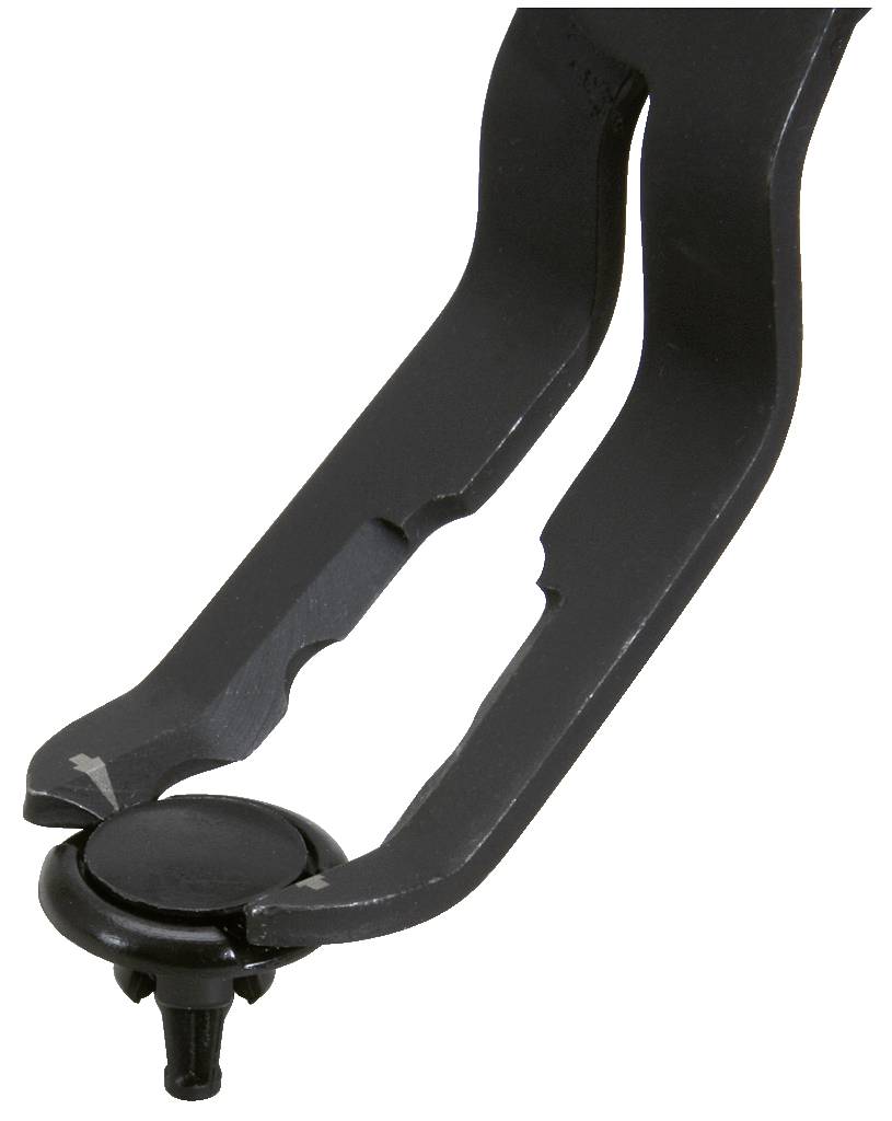 Ein Einbauwerkzeug hält eine schwarze Kunststoffbefestigung, verwendet im Automobilbau oder bei technischen Anwendungen.