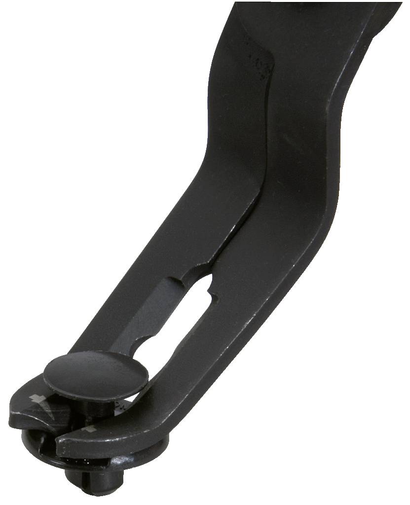 Ein schwarzes Metallteil mit einer Klammer am Ende, möglicherweise ein Werkzeug oder Befestigungselement.