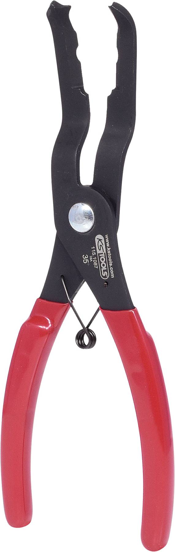 Zange mit roten Griffen und schwarzem Kopf, geeignet für präzise Arbeiten oder Reparaturen.