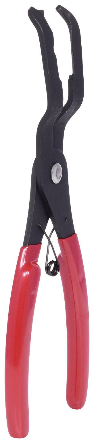 Rote und schwarze Zange mit gebogenen Spitzen, geeignet zum Entfernen von Sicherungsringen oder ähnlichen Anwendungen in der Mechanik.