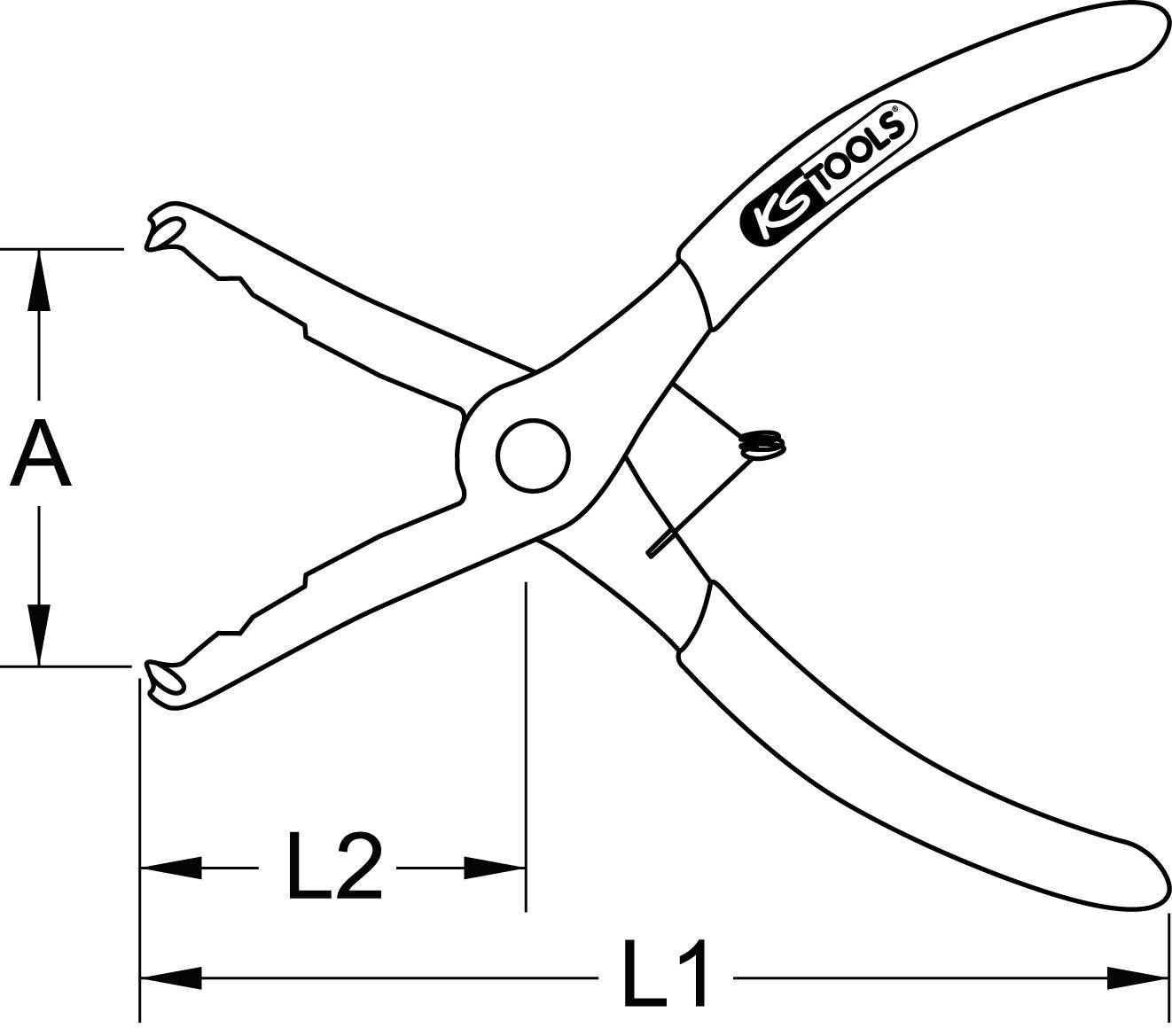 Abbildung zeigt eine Zange der Marke KS Tools. Maße: A, L1, L2. Geeignet zum Greifen und Halten kleiner Objekte.