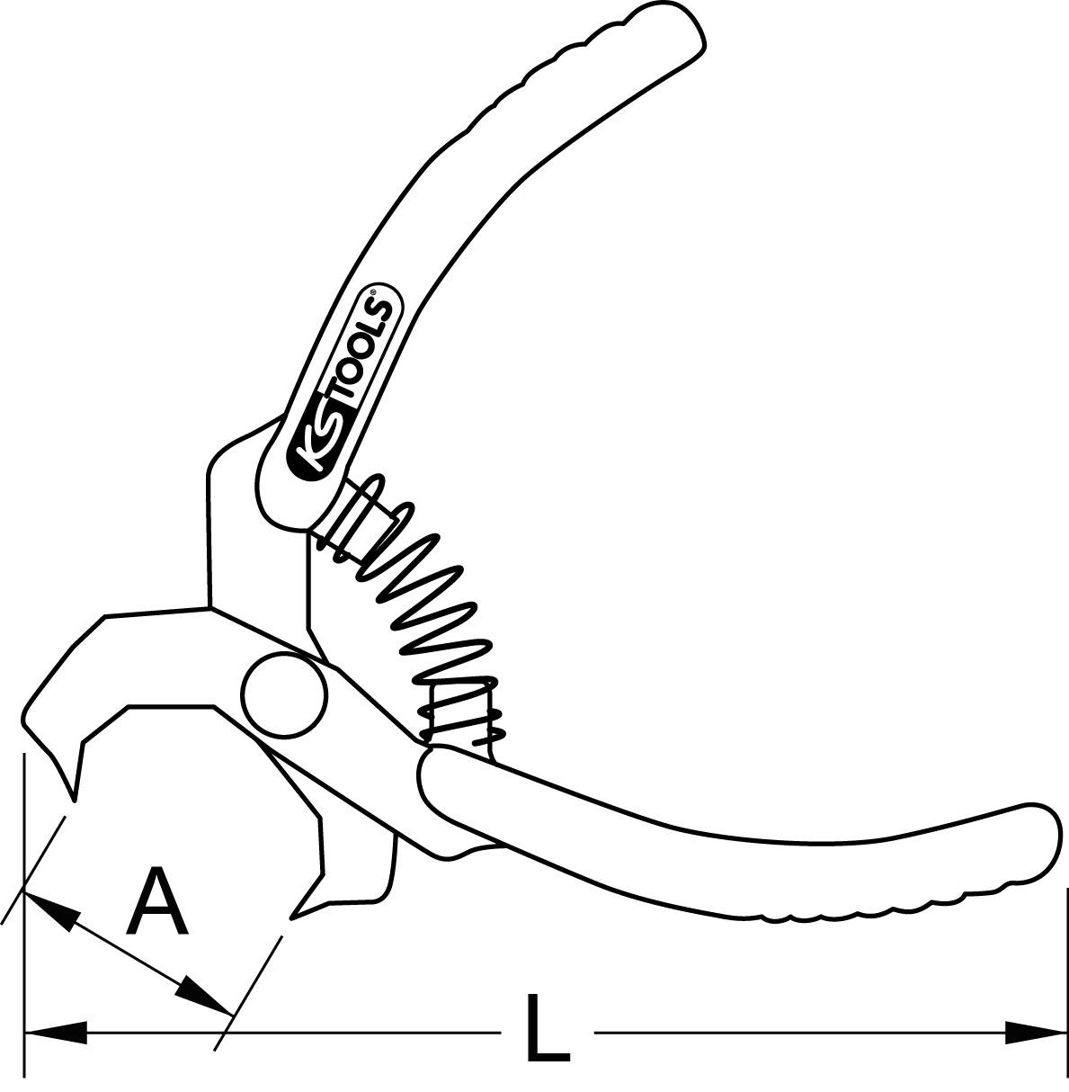 Eine Zange mit Federmechanismus, gekennzeichnet mit 'A' und 'L' zur Messung der Greifweite und Gesamtlänge.