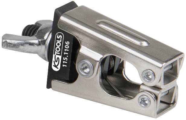 Ein silbernes Werkzeug von KS Tools mit schwarzem Etikett. Es hat eine mechanische Klemme und dient vermutlich zum Halten oder Greifen.
