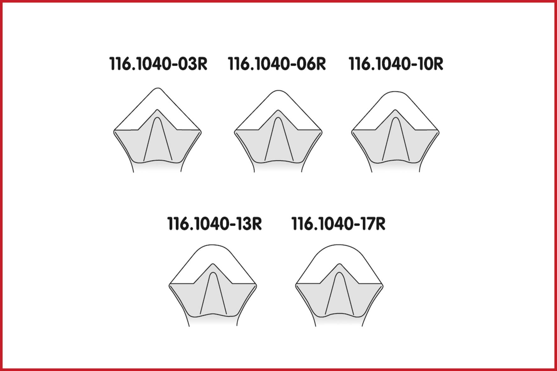 Fünf graue Diagramme zeigen unterschiedliche Flügelprofile, jeweils mit Bezeichnung: '116.1040-03R', '116.1040-06R', '116.1040-10R', '116.1040-13R', '116.1040-17R'.