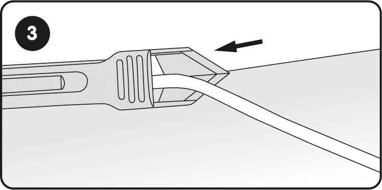 Illustration zeigt ein Werkzeug, das ein Kabel schneidet. Eine Pfeilmarkierung weist auf die Stelle hin, an der der Schnitt erfolgt.