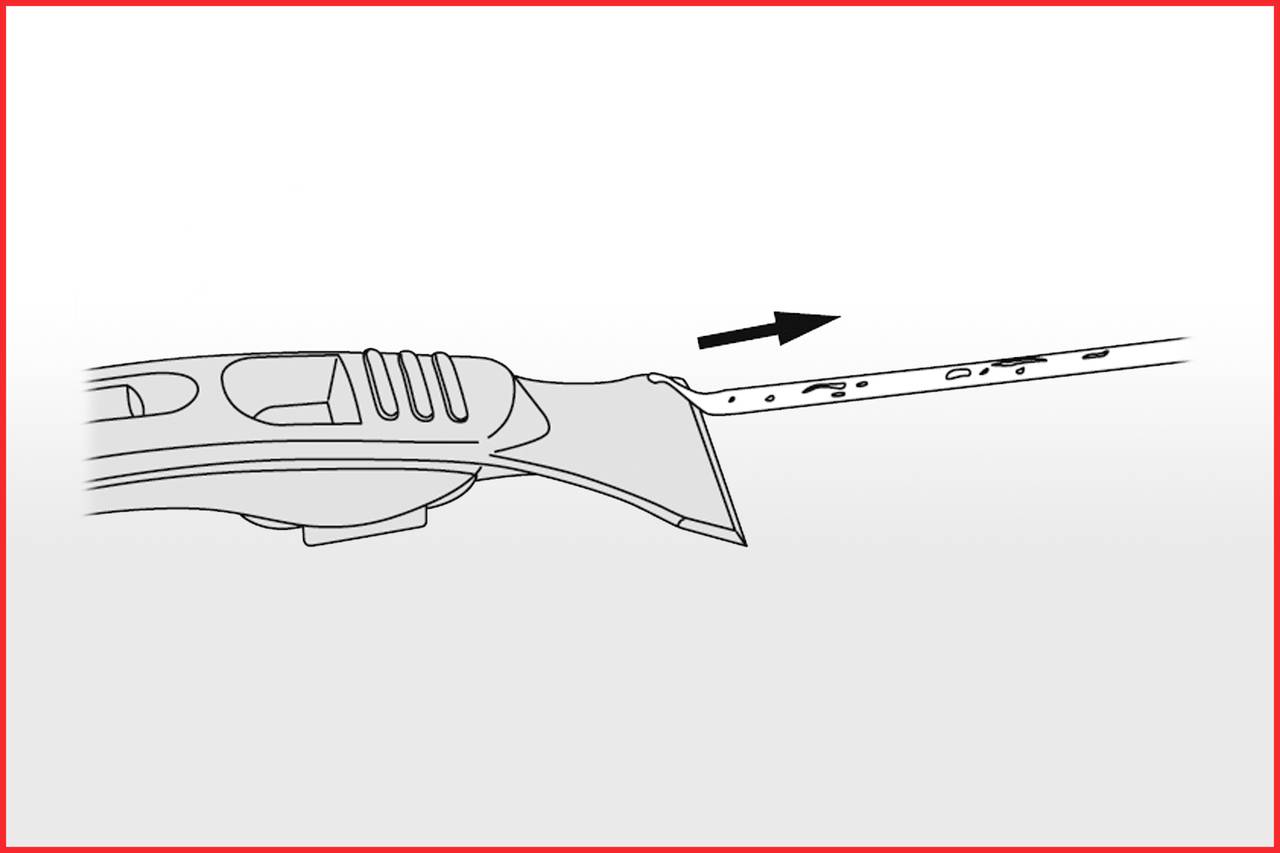 Illustration eines Werkzeugs mit einer Klinge, die durch einen Pfeil in die gezeigte Richtung geschoben wird.