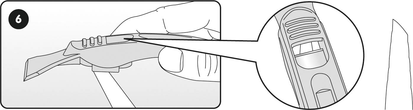 '6: Schritt zur Klingenverriegelung' zeigt eine Hand, die eine Klinge hält. Ein Lupenbild zeigt einen geriffelten Schieber zur Sicherung.