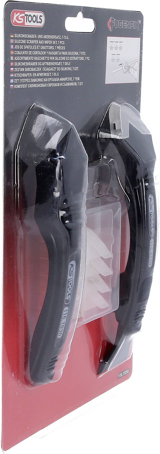 Zwei schwarze Silikon-Fugenglätter der Marke KS Tools, verpackt in einer transparenten Blisterverpackung mit rotem Hintergrund.
