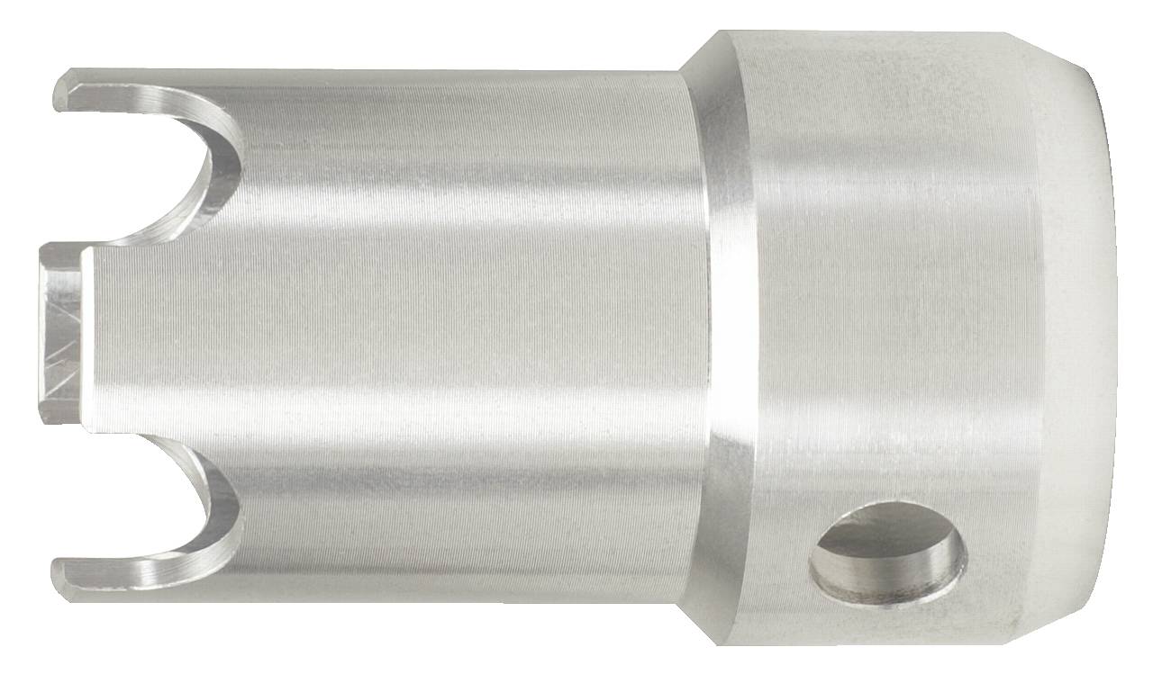Zylindrisches Metallwerkzeug mit Einkerbungen und einem Loch; verwendet für spezielle mechanische Anwendungen oder Montagetechnik.