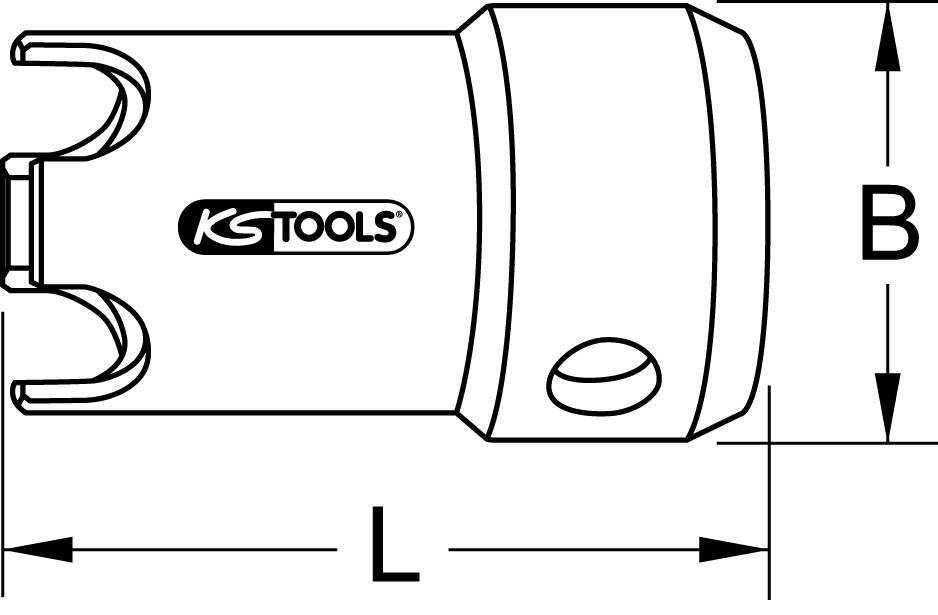 Zeichnung eines Werkzeugs mit Maßen 'L' und 'B' gekennzeichnet. Logo 'KS TOOLS' auf der Seite.