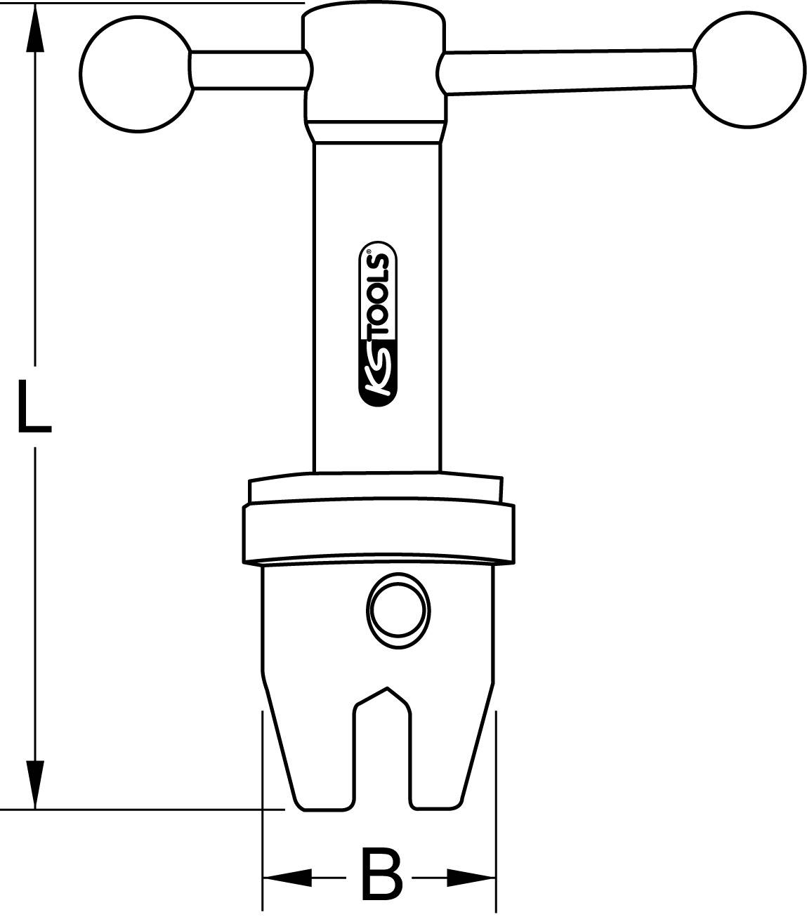 Zeichnung eines Werkzeugs mit T-Griff und Markenaufdruck 'KS TOOLS', zeigt Höhenmaß 'L' und Breitenmaß 'B'.
