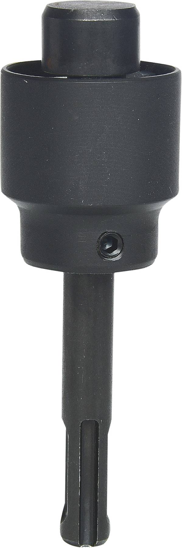 Ein schwarzer Bohrer, speziell eine Lochsäge-Arborschaft, ohne Bohrkrone, mit SDS-Aufnahme, steht senkrecht.