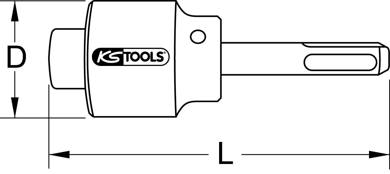 Bohrfutterschlüssel-Diagramm mit Abmessungen 'D' und 'L', zeigt Seitenansicht eines Werkzeugs mit Griff und KS Tools-Logo.