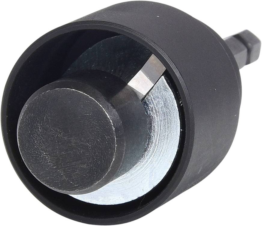 Ein schwarzes Rundwerkzeug mit einem Metallzylinder und einer sechseckigen Halterung, vermutlich ein Spezialwerkzeug für Maschinen.